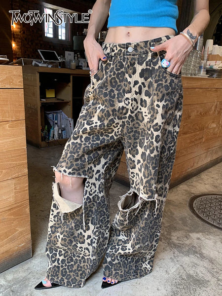 Leopard Ripped Wide Leg Jeans For Women High Waist Patchwork Button Loose Denim Pant Female Clothing
