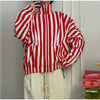 Vertical Stripe Two Piece Outfit Stand Collar Zip Up Jacket Elastic Waist Wide Leg Pants Loose Women Casual High Street Set