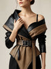 PU Faux Leather Jacket for Women's One Shoulder Splice Irregular Hem Long Sleeve Leather Coat Casual Vintage Elegant Jacket Belt