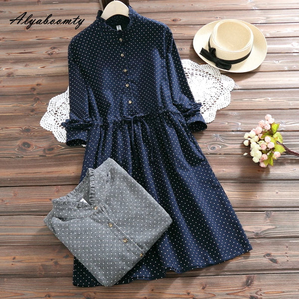 Spring Fall Mori Girl Women Loose Dress Stand Collar Polka Dot Navy Blue Mini Dress Cotton Long Sleeve Short Cute Flannel Dress