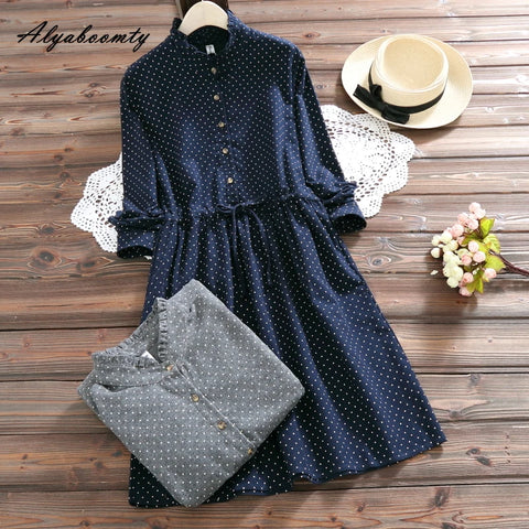 Spring Fall Mori Girl Women Loose Dress Stand Collar Polka Dot Navy Blue Mini Dress Cotton Long Sleeve Short Cute Flannel Dress