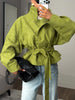 Lace Up Suede Jacket Women Lapel Full Sleeve Single-breasted Pocket Cropped Coat Spring Lady Daily Street Outerwear