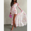 Women White Floral Print Puff Sleeve Blazer Collar Peplum Mermaid Midi Dress Elegant Casual Gown Bridesmaid Wedding Sundress