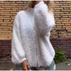 Women Fuzzy Sequin Knit Zip Up Cardigan Stand Collar Long Sleeve Oversized Loose Sweater Jacket Streetwear Outerwear
