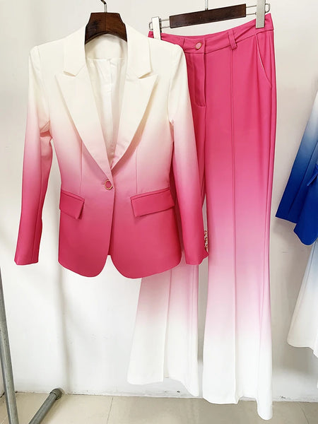 High Street Designer Suit Set Women's Gradient Color Printed Single Button Blazer Flare Pants Suit 2pcs
