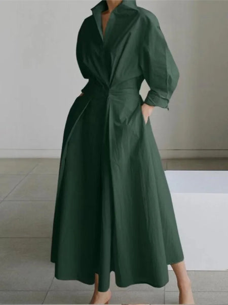Spring Dress Long Sleeve Solid Color Elegant Maxi Dresses For Women Casual V Neck Shirt Party Long Dress Robe Femme