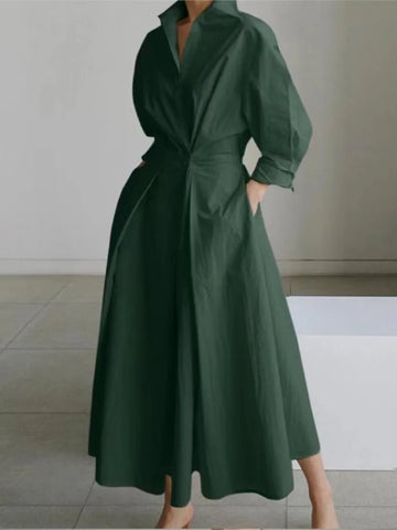 Spring Dress Long Sleeve Solid Color Elegant Maxi Dresses For Women Casual V Neck Shirt Party Long Dress Robe Femme