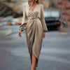Elegant Women's Maxi Dress With Cross Neckline Folded Pleats Slit Bubble Sleeves Irregular Long Sleeves Dress Autumn