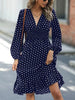 Spring Autumn Dots Print Elastic Waist Dresses Women V Neck Long Sleeve Dress Female Office Commuter Casual A-line Gown