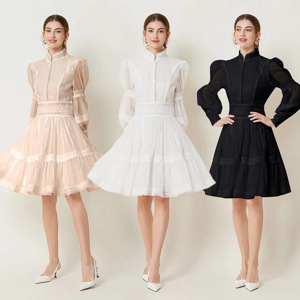 French Elegant Lace Splicing Waist Lantern Sleeve Dress Vintage High Collar Princess Dress Organza Cocktail Women's Wear