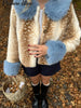 Women Deer Print Faux Fur Cropped Coats Blue Contrast Lapel Cuff Button Up Fluffy Warm Coat Winter Casual Chic Wear