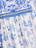 Boho White Blue Totem Print Bow Lacing up Neck Long Straight Dress Women Viscose Cotton Full Sleeve Maxi Robe Holiday