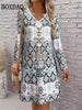 Woman Casual Geometry Pattern 3D Print Dresses Autumn Winter Female Ethnic Style Retro Loose Dress Ladies Long Sleeve Dress