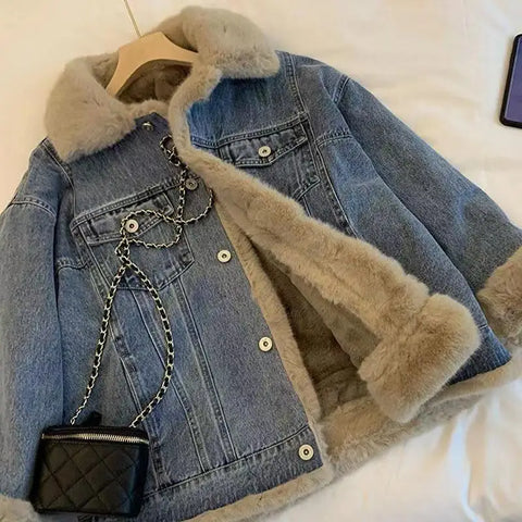 Coat Women Denim Coats Turn Down Collar Jackets Y2k Streetwear Work Lamb Wool Elegant Casual Loose Jacket Autumn Winter