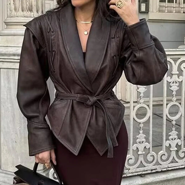 Leather Jackets Women's With Belt Fur Coat Streetwear Solid Outwear Woman Elegant Jackets Chaqueta De Cuero Para Mujer