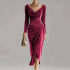 Autumn Winter Velvet Long Sleeved A-line Dress Elegant Temperament High Waisted Banquet Dress Women's Square Neck Draped Dress