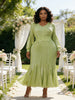 Womens Plus Size Pleated Elegant Maxi Long Sleeve Dress with Sequin Belt and Patchwork Hem for Wedding Guest