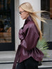 Lady Retro Burgundy Belted Leather Jacket Solid Stand Collar Long-sleeved Cropped Coat Women Daily Street Outerwear
