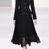 Elegant Women U Collar Long Sleeve Pleated Midi Dress Runway Spring Tweed Patchwork Chiffon Lace Trims Belt Party Vestidos