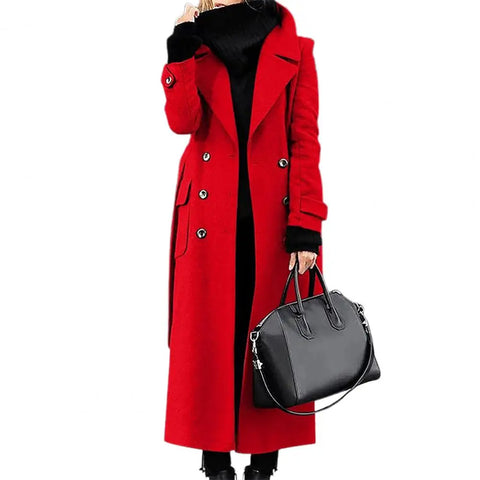 Women Woollen Overcoat Double-breasted Cardigan Mid-calf Length Long Sleeves Jacket Slim OL Formal Coat