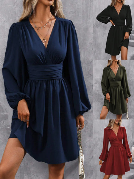 Dresses Woman Clothing V Neck Lantern Sleeve Wrap Mini Dress Ruched Waist Flowy Hem Elegant for Autumn and Party Styles