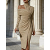 Women's White Off Shoulder Asymmetric Bodycon Dresses Autumn High Collar Cutout Long Sleeve Ruched Slit Slim Midi Dress