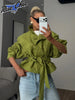 Solid Tie Waist Cinching Suede Jackets Women Chic Stand Up Collar Loose Crop Short Coats Lady Autumn Commute Daily Outfit
