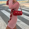 Women Vintage Striped Knitted Mini Dress Y2K Long Sleeve Slim Short Sweater Dress Elegant Ladies Holiday Beachwear