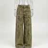 Printed Curved Wide Leg Denim Jeans High Waist Seam Detail Casual Women All-match Long Pants Autumn Chic Outfits