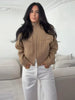 Women Camel Ribbed Knit Cardigan Zip Up High Collar Long Sleeve Cropped Sweater Flap Pockets Jacket Casual Autumn Outfits