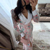 Printed Women Dress V Neck Long Sleeve Dress High Waist Chiffon Dress Single Breasted Tie Design Stylish Elegant Outfit