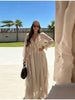Casual Solid Ruffles Patchwork Robe Women Minimalist Full Sleeve Mesh Loose Fit Lace Up Maxi Dress Vacation Daily Date Wear