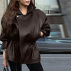 Drawstring Waist Brown Textured PU Leather Jacket Women High Neck Asymmetric Zip Button Detail Oversized Full Streetwear