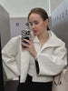 Chic Women Cropped PU Leather Jacket Stand Collar Wide Flare Sleeve Asymmetrical Wrap Open Front Coat Autumn Loose Jackets
