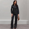 Black Denim Pant Sets Women's Two Pieces Set Slim Long Sleeve Shirt 2 Piece Sets Woman Outfit High Waist Flare Trousers Set