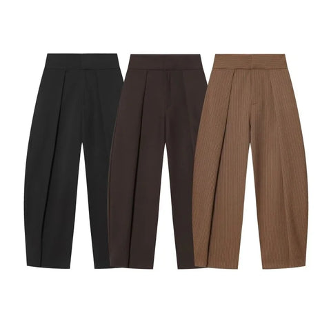 Women Wide Leg Pants Retro Dark Color Pleated Trousers High Waist Casual Work Office Straight Pants