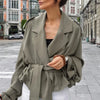 Women's Cropped Trench Coat Lapel Belted Waist Jacket, Loose Fit Drop Shoulder Short Trench