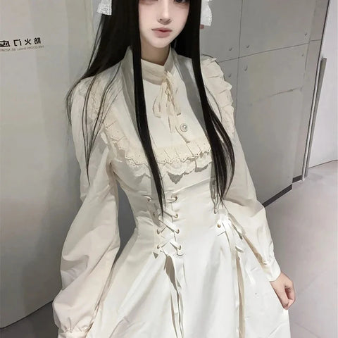 French Elegant Lace Long Sleeve Dress Women Hight Waist Patchwork Dresses Lolita Kawaii Lace Up Vestidos Female