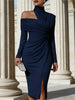 Women's White Off Shoulder Asymmetric Bodycon Dresses Autumn High Collar Cutout Long Sleeve Ruched Slit Slim Midi Dress