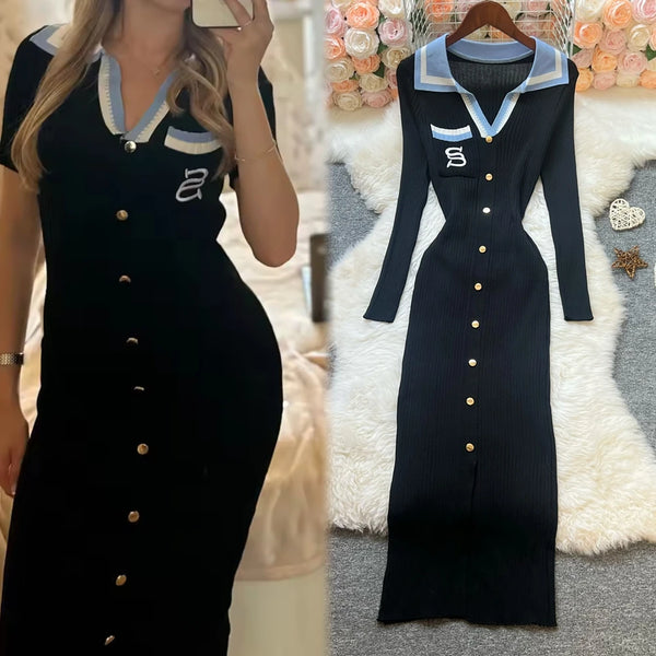 Chic Sexy Wrap Hips Knitted Maxi Dress Women Brand Embroidery Long Sleeve Sweater Dress Autumn Vestido