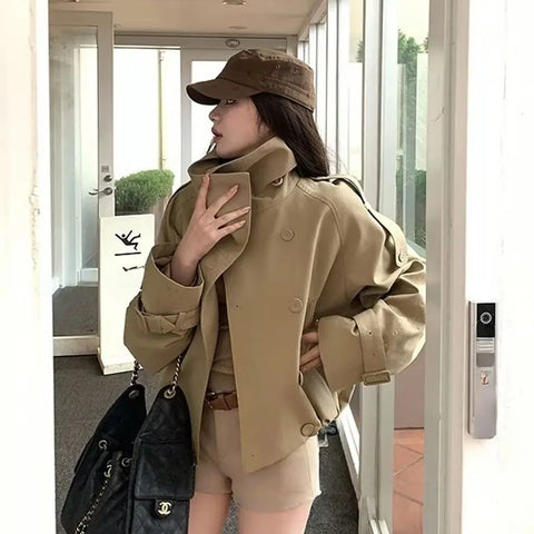 Women's Autumn Winter Jacket Double Breasted Stand Collar Solid Trench Coat Chic Korean Retro Clothes Lady Casual Coats