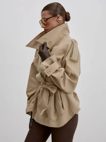 Stand Collar Lace Up Trench Chic Coat Women Long Sleeves Single Breasted Short Windbreaker Spring Daily Street Lady Jacket