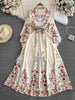 Runway Designer Dresses Women Stand Neck Long Sleeve Floral Print With Belt Boho Holiday Dress Flower Long Robes