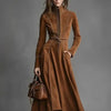 Women Autumn Winter Elegant Vintage Faux Suede Maxi Dress Zip‑Up Waist Tie Belt Cinched‑Waist Long Dress