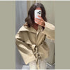 Belted Waist Cropped Trench Double Breasted Stand Collar Autumn Chic Elegant Women Coat Casual Vintage Office Lady Jacket