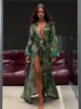 Animal Print Wrap Maxi Dress V Neck Sleeve Twist Waist High Slit Long Gowns Women's Resort Vacation Party Robes