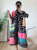 Pleated Contrast Color Leopard Printed Dress Stand Neck Single Breasted Mid-length Dresses Women Party Clothing 2Q1027