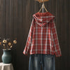 Womens Autumn Cotton Yarn Plaid Hooded Shacket Japanese Style Hooded Long Sleeve Shirt Jacket Outwear Cardigan