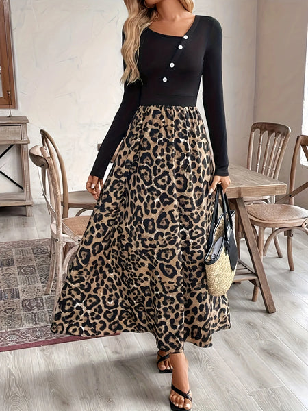 A women's black buckle long-sleeved stitched leopard print pendulum dress, retro casual style thin long skirt