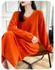 100% Merino Wool Women Long Dress Sweater V-Neck Pullover Long Dress Versatile Cashmere Knitwear Bottoming Clothing